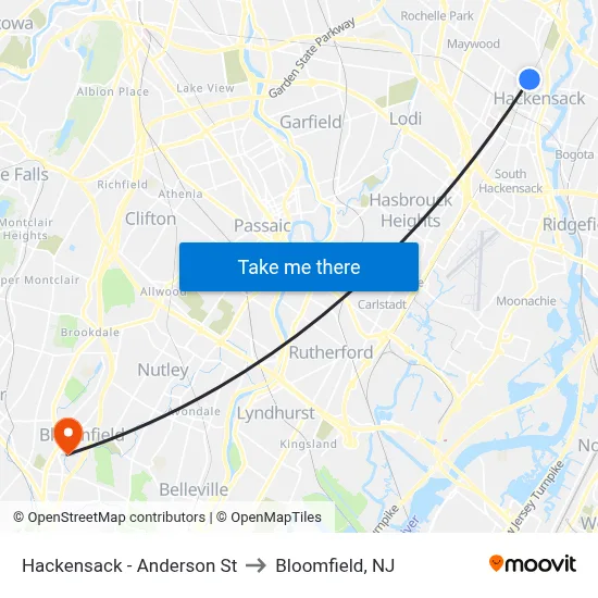 Hackensack - Anderson St to Bloomfield, NJ map