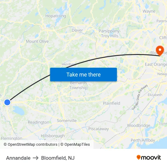 Annandale to Bloomfield, NJ map