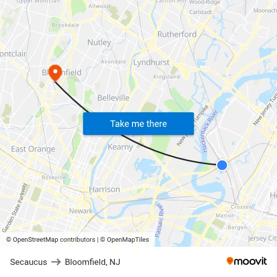 Secaucus to Bloomfield, NJ map