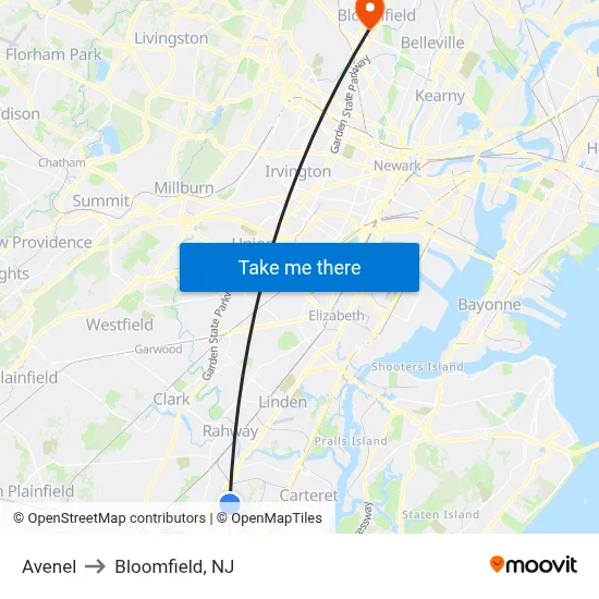 Avenel to Bloomfield, NJ map