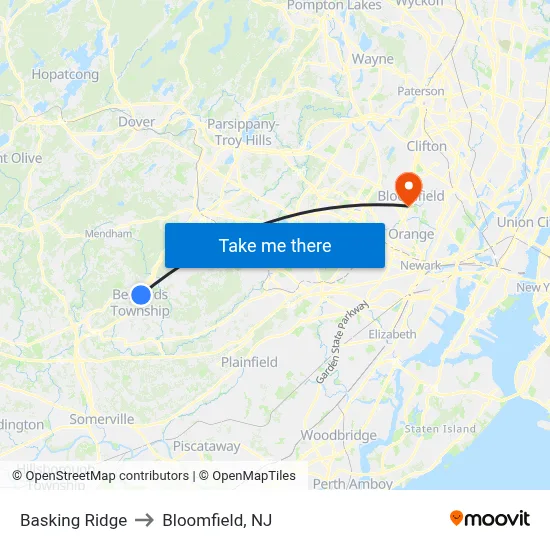 Basking Ridge to Bloomfield, NJ map