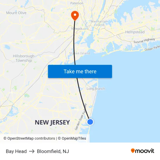 Bay Head to Bloomfield, NJ map
