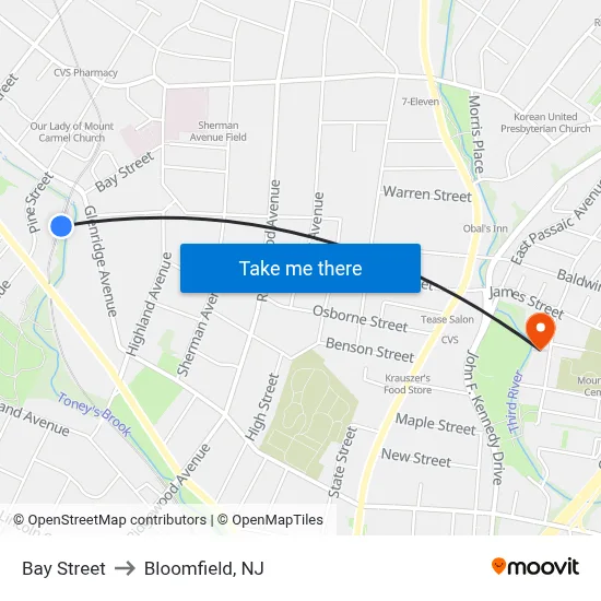 Bay Street to Bloomfield, NJ map