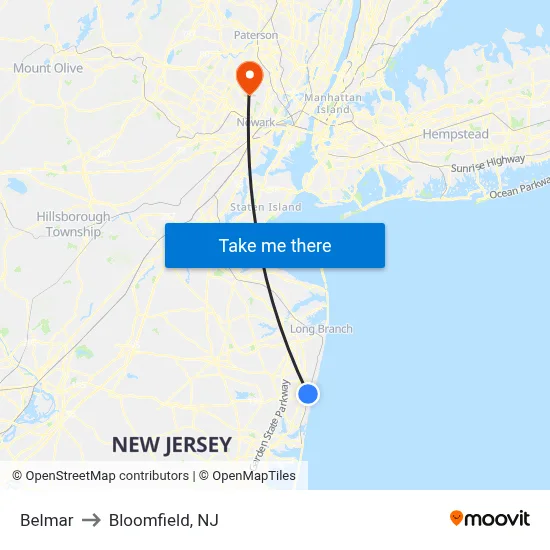 Belmar to Bloomfield, NJ map