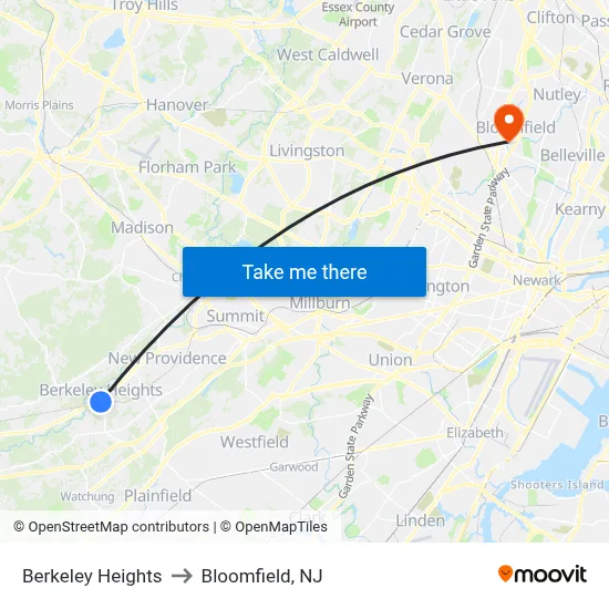 Berkeley Heights to Bloomfield, NJ map