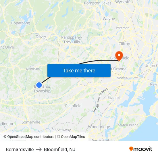 Bernardsville to Bloomfield, NJ map