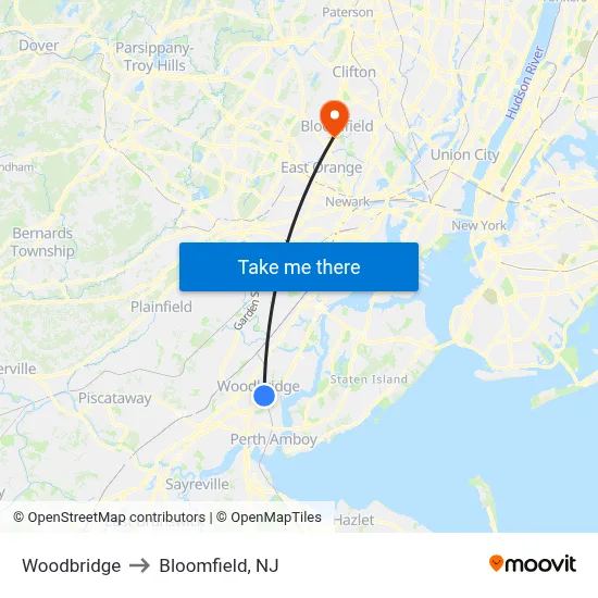 Woodbridge to Bloomfield, NJ map