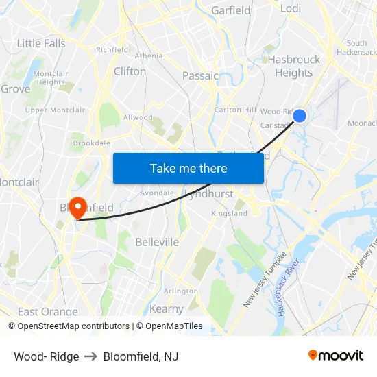 Wood- Ridge to Bloomfield, NJ map