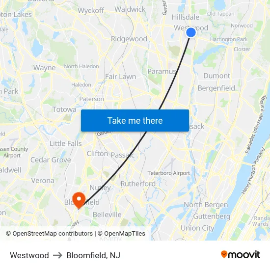 Westwood to Bloomfield, NJ map