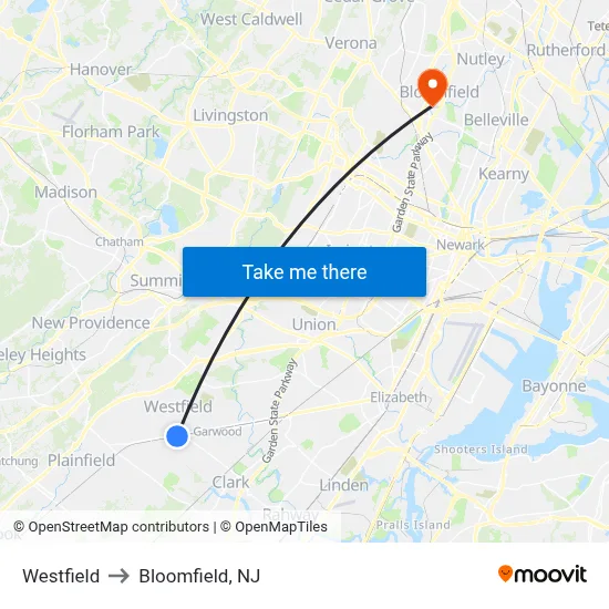 Westfield to Bloomfield, NJ map