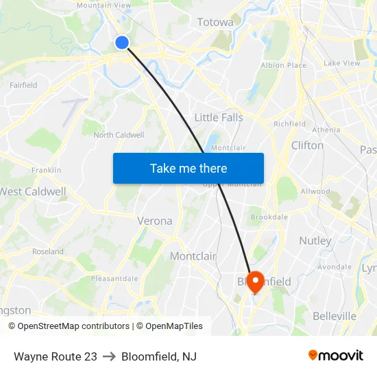 Wayne Route 23 to Bloomfield, NJ map