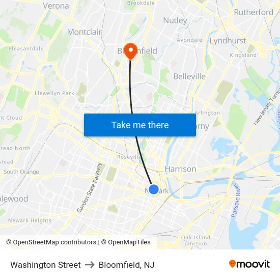 Washington Street to Bloomfield, NJ map