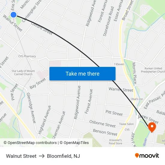 Walnut Street to Bloomfield, NJ map