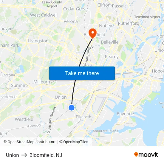 Union to Bloomfield, NJ map