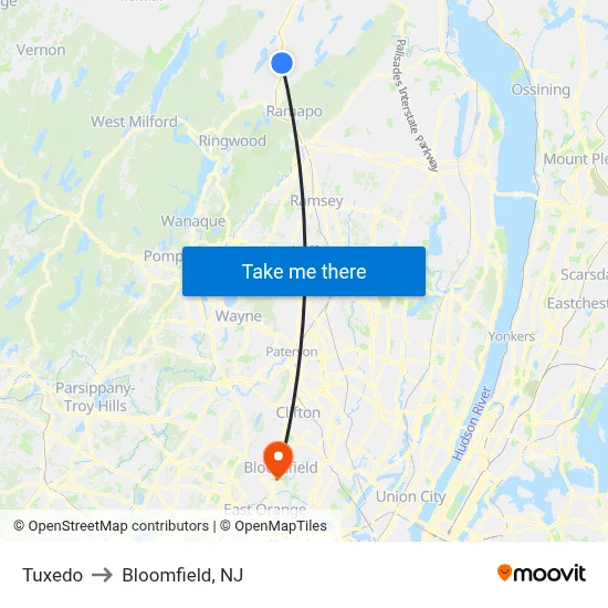 Tuxedo to Bloomfield, NJ map