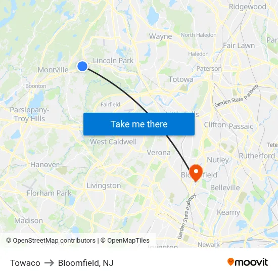 Towaco to Bloomfield, NJ map