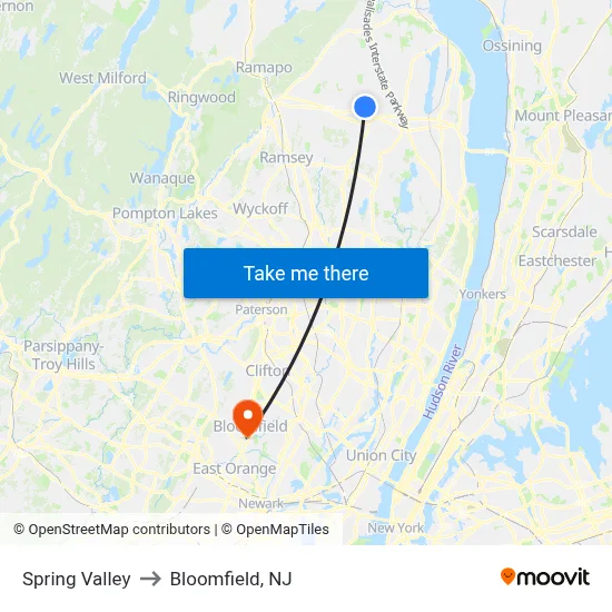 Spring Valley to Bloomfield, NJ map