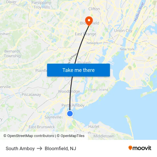 South Amboy to Bloomfield, NJ map
