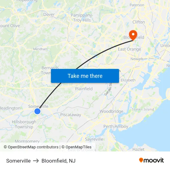 Somerville to Bloomfield, NJ map