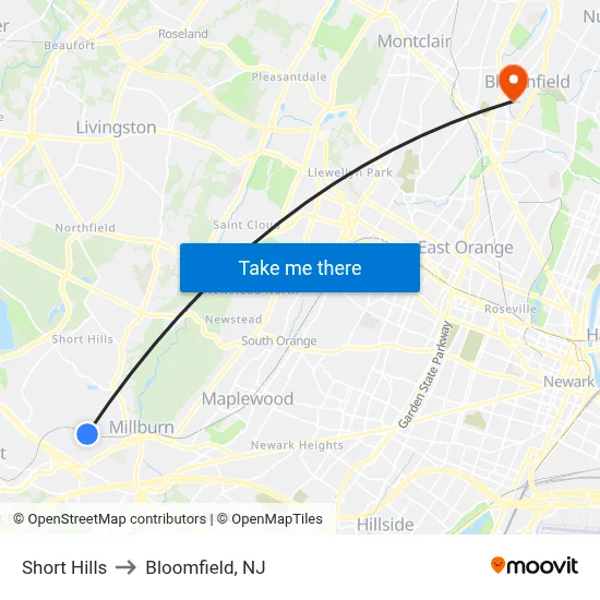 Short Hills to Bloomfield, NJ map