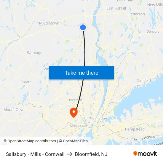 Salisbury - Mills - Cornwall to Bloomfield, NJ map