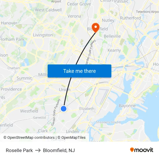 Roselle Park to Bloomfield, NJ map