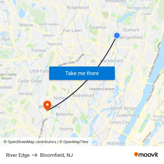 River Edge to Bloomfield, NJ map