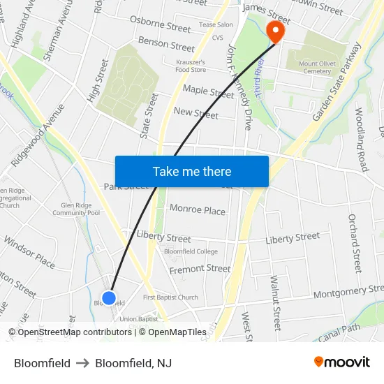 Bloomfield to Bloomfield, NJ map
