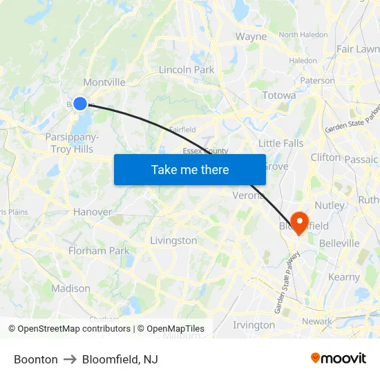 Boonton to Bloomfield, NJ map