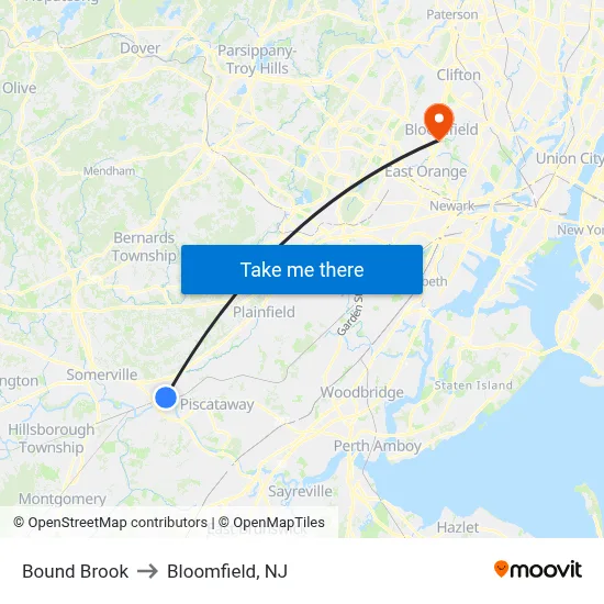 Bound Brook to Bloomfield, NJ map