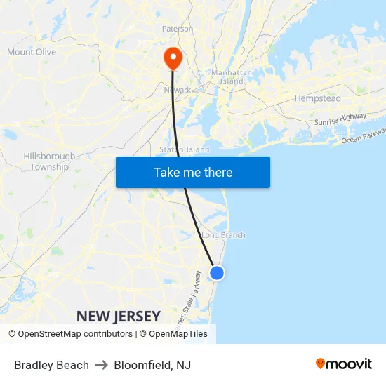 Bradley Beach to Bloomfield, NJ map
