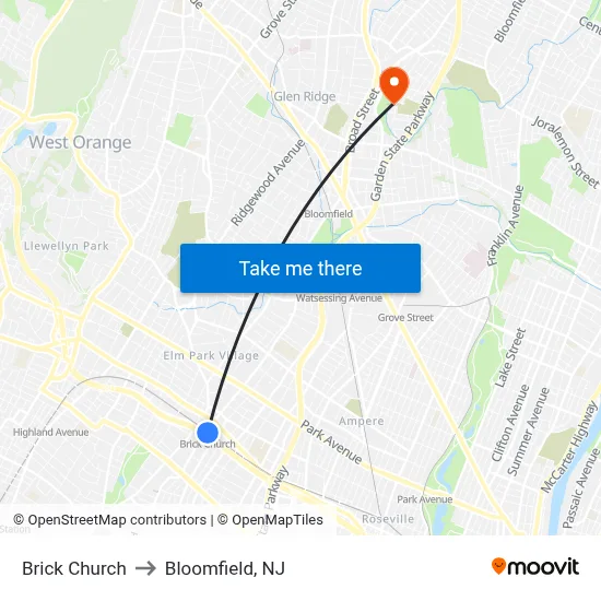 Brick Church to Bloomfield, NJ map