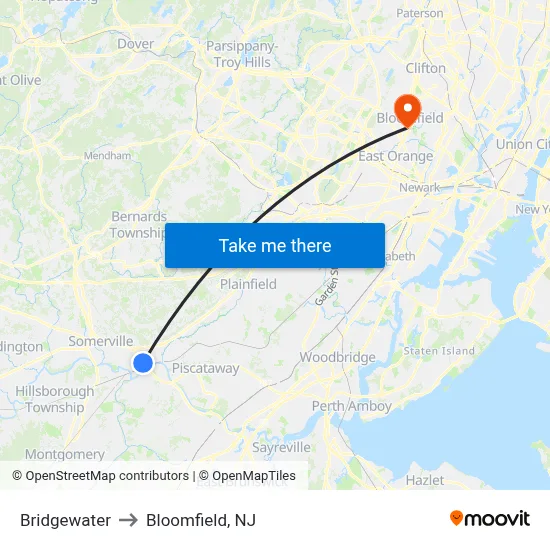 Bridgewater to Bloomfield, NJ map
