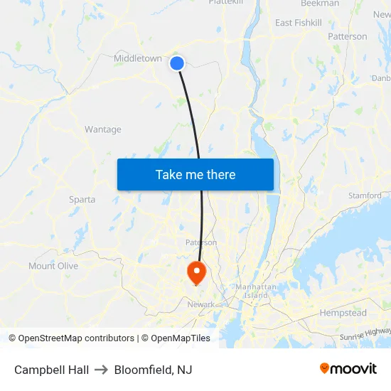 Campbell Hall to Bloomfield, NJ map
