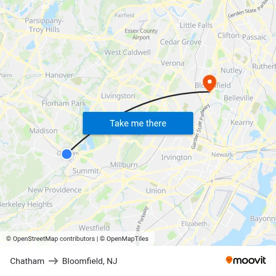 Chatham to Bloomfield, NJ map