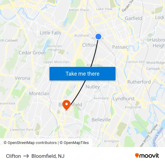 Clifton to Bloomfield, NJ map