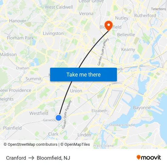 Cranford to Bloomfield, NJ map