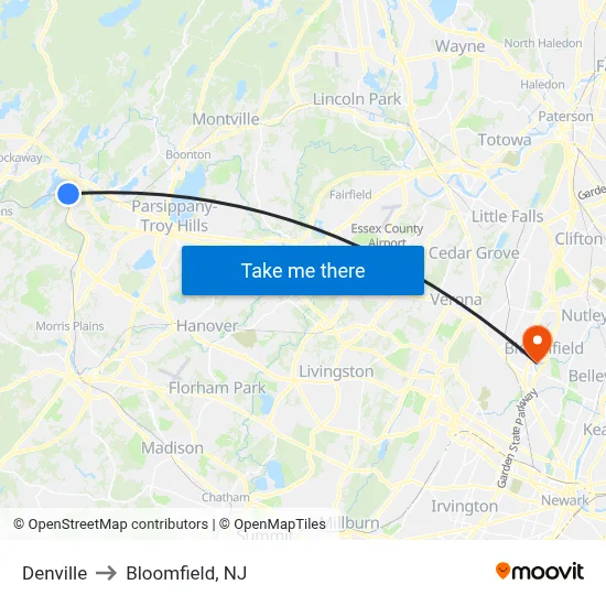 Denville to Bloomfield, NJ map
