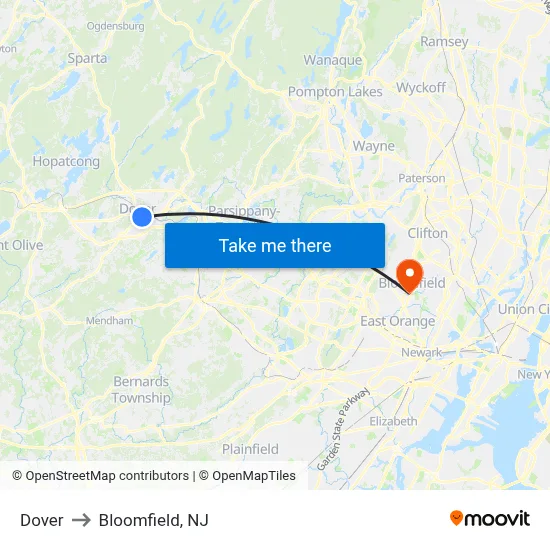 Dover to Bloomfield, NJ map