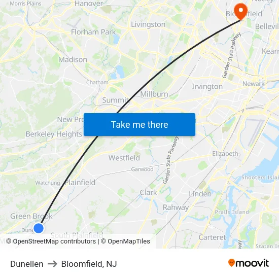 Dunellen to Bloomfield, NJ map