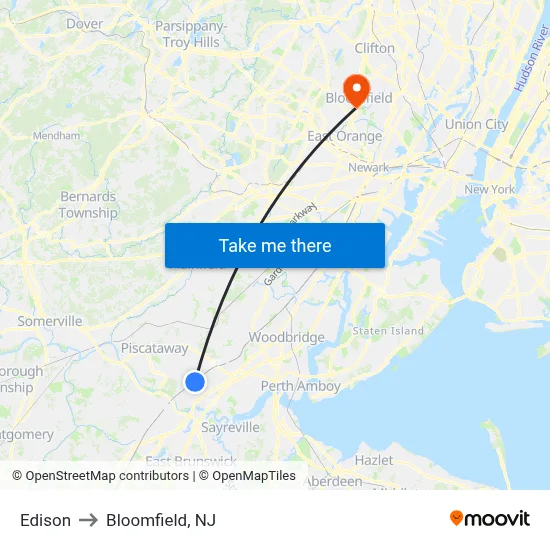 Edison to Bloomfield, NJ map