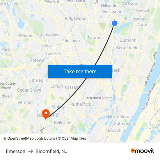 Emerson to Bloomfield, NJ map