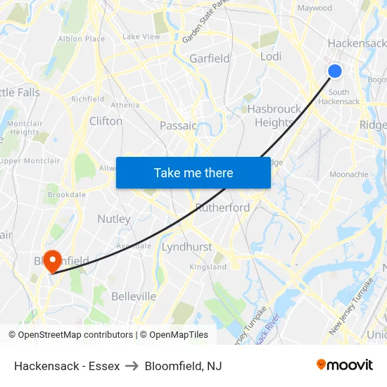 Hackensack - Essex to Bloomfield, NJ map