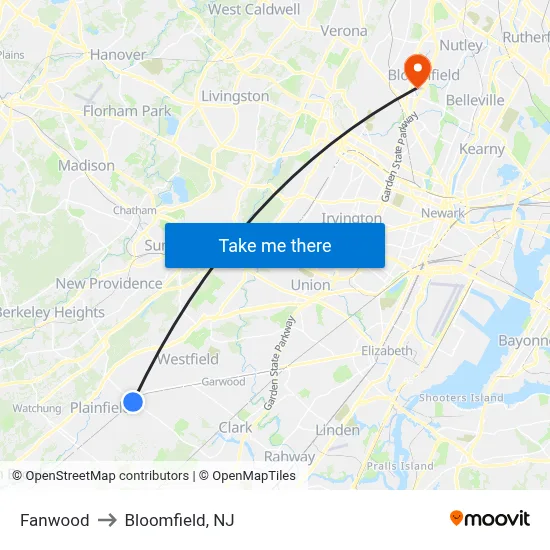 Fanwood to Bloomfield, NJ map