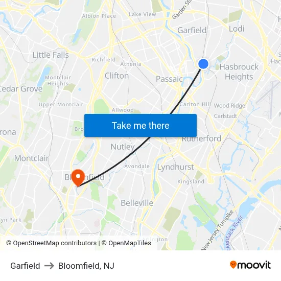 Garfield to Bloomfield, NJ map