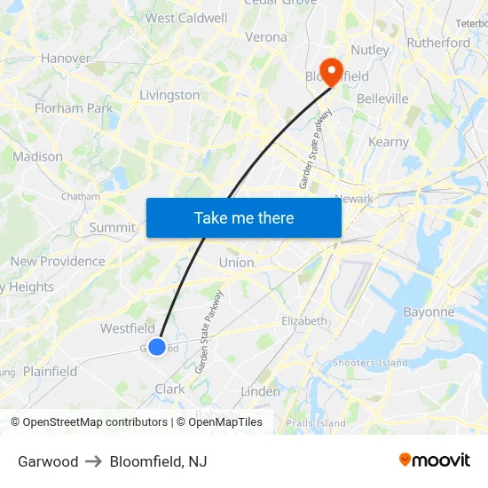 Garwood to Bloomfield, NJ map