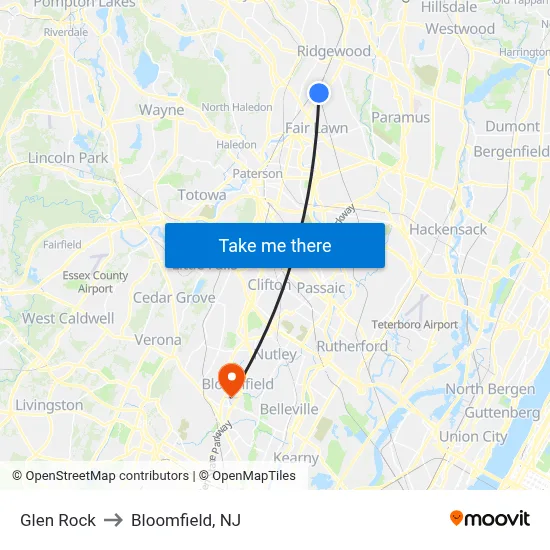 Glen Rock to Bloomfield, NJ map