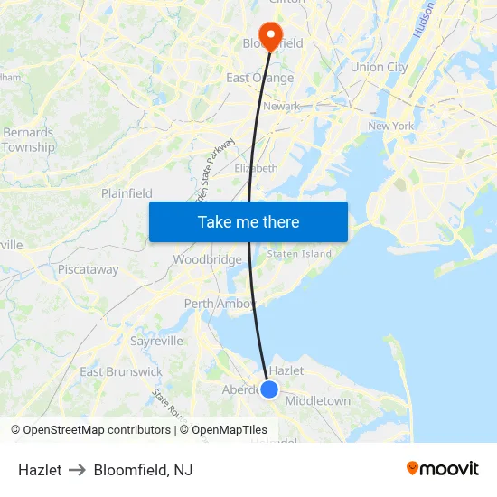 Hazlet to Bloomfield, NJ map
