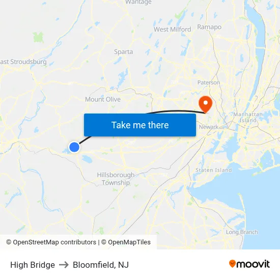 High Bridge to Bloomfield, NJ map