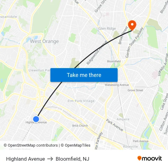 Highland Avenue to Bloomfield, NJ map
